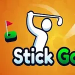 Turuncu bir arka plan üzerinde golf sopası sallayan beyaz bir figür, yanında büyük bir golf topu ve bir golf deliği bayrağı ile Stick Golf yazısı