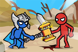 Mavi ve kırmızı stickman karakterleri, açık bir alanda büyük bir çekici tutarak karşı karşıya geliyor