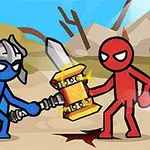 Mavi ve kırmızı stickman karakterleri, açık bir alanda büyük bir çekici tutarak karşı karşıya geliyor