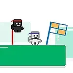 Piksel tarzı iki karakterin yanında bir bayrak bulunan basit bir platform sahnesi