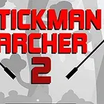 Kırmızı büyük harflerle yazılmış Stickman Archer 2 yazısı, arka planda siyah siluetli ağaçlar ve iki ok tasviri