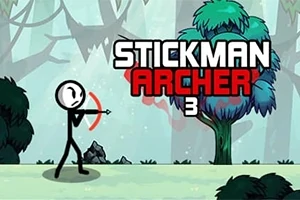Çizgi karakter yay çekerken ormanda duruyor, yanında büyük bir ağaç ve üstte STICKMAN ARCHER 3 yazısı bulunuyor