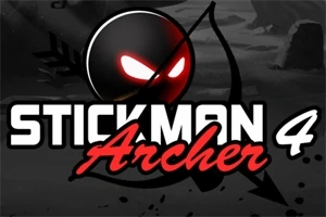Kırmızı parlayan gözlere sahip bir çöp adam yüzü ve yay ile ok sembolü üzerine Stickman Archer 4 metni