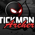 Kırmızı parlayan gözlere sahip bir çöp adam yüzü ve yay ile ok sembolü üzerine Stickman Archer 4 metni