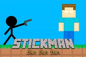 Basit bir çöp adam, mavi tişörtlü ve kare kafalı bir karaktere silah doğrultuyor, alt kısımda Stickman Bam Bam Bam yazısı bulunuyor