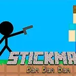 Basit bir çöp adam, mavi tişörtlü ve kare kafalı bir karaktere silah doğrultuyor, alt kısımda Stickman Bam Bam Bam yazısı bulunuyor