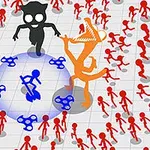 Turuncu ve siyah figürlerin etrafını çevreleyen kırmızı figürlerle dolu bir sahnede, mavi spinner ve içindeki bir mavi figür
