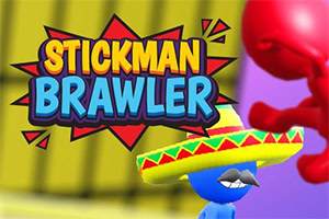 Sarı ve mavi renklerle STICKMAN BRAWLER yazılı logonun yanında, büyük sombrero şapka ve bıyık takan mavi figür yer alıyor