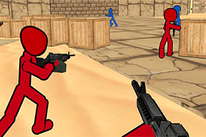 Kırmızı stickman karakterlerin silahlarla mavi karakterlere karşı çatıştığı bir sahne
