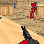 Kırmızı stickman karakterlerin silahlarla mavi karakterlere karşı çatıştığı bir sahne