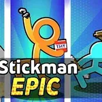 Çizgi karakterlerin renkli ve aksiyon dolu duruşlarıyla göründüğü, ortasında Stickman Epic yazısının yer aldığı bir sahne