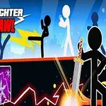 Siyah çubuk figürleri, kılıç ve farklı güç kartlarıyla aksiyon dolu bir sahnede dövüşüyor