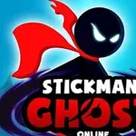 Kırmızı pelerinli, karanlık gözlü bir çöp adam figürü ve altında Stickman Ghost Online yazısı