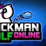 Mor fötr şapka takmış beyaz çizgi karakterin golf sopasıyla su üzerinde sıçrayan topu vurduğu renkli logo