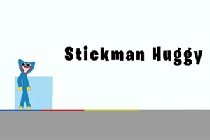 Mavi bir karakter, sol tarafta bir kutunun yanında duruyor ve sağ üst köşede Stickman Huggy yazısı bulunuyor