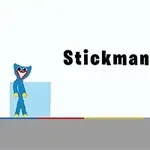 Mavi bir karakter, sol tarafta bir kutunun yanında duruyor ve sağ üst köşede Stickman Huggy yazısı bulunuyor