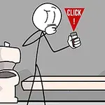 Çizgi karakter bir tuvaletin yanında durarak elindeki cihaza bakıyor ve Click ifadesi görünür