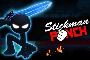 Parlayan mavi kılıç tutan karanlık bir çöp adam figürü ve yanında Stickman Punch yazısı