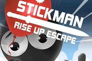 Kırmızı balon tutan siyah yuvarlak bir yüzün üzerinde STICKMAN RISE UP ESCAPE yazısı bulunan illüstrasyon