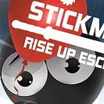 Kırmızı balon tutan siyah yuvarlak bir yüzün üzerinde STICKMAN RISE UP ESCAPE yazısı bulunan illüstrasyon