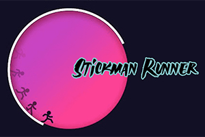 Pembe ve mor renkli bir dairenin içinde sol dipte koşan çöp adamlar ve sağda Stickman Runner yazısı