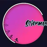 Pembe ve mor renkli bir dairenin içinde sol dipte koşan çöp adamlar ve sağda Stickman Runner yazısı