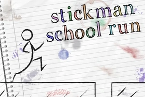 Çizgili defter sayfası üzerinde koşan çöp adam ve stickman school run yazısı