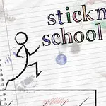 Çizgili defter sayfası üzerinde koşan çöp adam ve stickman school run yazısı