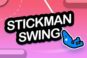 Pembe ve mor tonlarında bir arka planda beyaz ipte sallanan mavi bir çöp adam figürü, üzerinde Stickman Swing yazısı