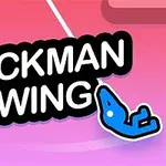 Pembe ve mor tonlarında bir arka planda beyaz ipte sallanan mavi bir çöp adam figürü, üzerinde Stickman Swing yazısı