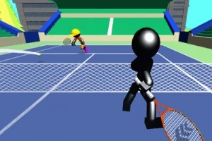 İki farklı renkli çöp adam karakterinin bir tenis kortunda raketle karşılıklı oynadığı bir sahne