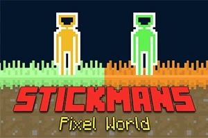 Turuncu ve yeşil renkli, pikselli iki çöp adam karanlık bir arka plan önünde, yeşil ve turuncu zemin üzerinde duruyor; altta büyük kırmızı harflerle Stickmans Pixel World yazısı bulunuyor