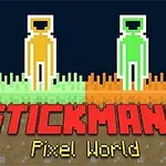 Turuncu ve yeşil renkli, pikselli iki çöp adam karanlık bir arka plan önünde, yeşil ve turuncu zemin üzerinde duruyor; altta büyük kırmızı harflerle Stickmans Pixel World yazısı bulunuyor