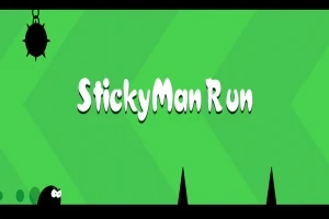 Yeşil arka plan üzerinde StickyMan Run yazısı ve üzerinde bir dikenli top ile zemin üzerinde siyah bir karakter ve dikenler