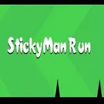 Yeşil arka plan üzerinde StickyMan Run yazısı ve üzerinde bir dikenli top ile zemin üzerinde siyah bir karakter ve dikenler