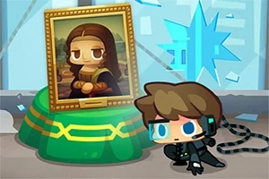 Küçük bir karakter, Mona Lisa tablosunun karikatürize edilmiş versiyonunun yanında, kıyafetleriyle gizlice ilerliyor