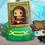 Küçük bir karakter, Mona Lisa tablosunun karikatürize edilmiş versiyonunun yanında, kıyafetleriyle gizlice ilerliyor