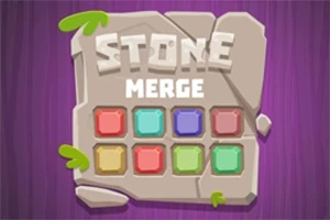 Mor arka plan üzerinde taş benzeri bir panoda renkli kare simgeler ve Stone Merge yazısı