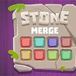 Mor arka plan üzerinde taş benzeri bir panoda renkli kare simgeler ve Stone Merge yazısı