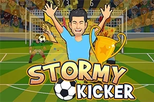 Karikatür tarzında bir futbolcu figürü, elleri havada, yanında büyük bir kupa tutarken stadyum sahasında gol atıyor; ön planda Stormy Kicker yazılı