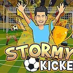 Karikatür tarzında bir futbolcu figürü, elleri havada, yanında büyük bir kupa tutarken stadyum sahasında gol atıyor; ön planda Stormy Kicker yazılı