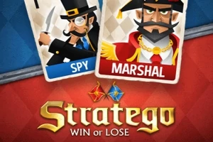 Başlarında şapka olan bir casus ve bir mareşal karakterinin kartları, alt kısımda Stratego Win or Lose yazısı ile birlikte