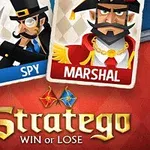 Başlarında şapka olan bir casus ve bir mareşal karakterinin kartları, alt kısımda Stratego Win or Lose yazısı ile birlikte