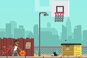 Piksel tarzında bir şehir arka planında duvar kenarında bisiklet, top sürerken genç bir çocuk ve basket potası ile çöp konteyneri