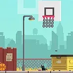 Piksel tarzında bir şehir arka planında duvar kenarında bisiklet, top sürerken genç bir çocuk ve basket potası ile çöp konteyneri