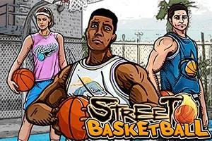 Üç basketbol oyuncusu, açık hava sahasında basketbol toplarıyla duruyor ve ön planda Street Basketball yazısı bulunuyor