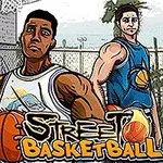 Üç basketbol oyuncusu, açık hava sahasında basketbol toplarıyla duruyor ve ön planda Street Basketball yazısı bulunuyor