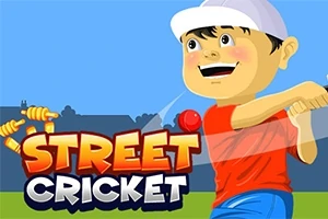 Beyaz şapkalı ve kırmızı tişörtlü bir çocuk kriket sopasıyla topa vururken, yan tarafında Street Cricket yazısı yer almakta