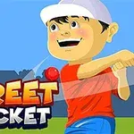 Beyaz şapkalı ve kırmızı tişörtlü bir çocuk kriket sopasıyla topa vururken, yan tarafında Street Cricket yazısı yer almakta
