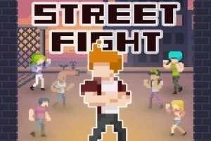 Pixel tarzında karakterlerin kavgaya hazırlandığı bir sokak sahnesi